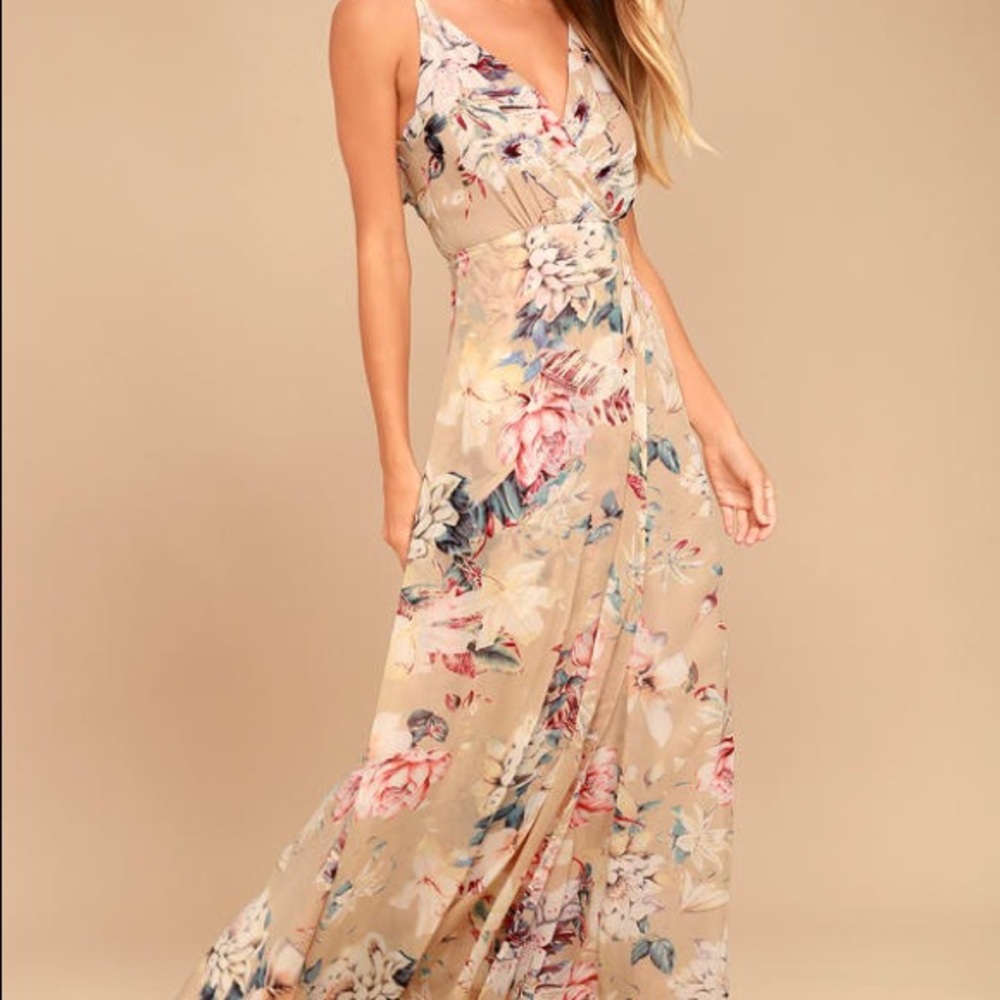 Beige Floral Print Maxi Dress